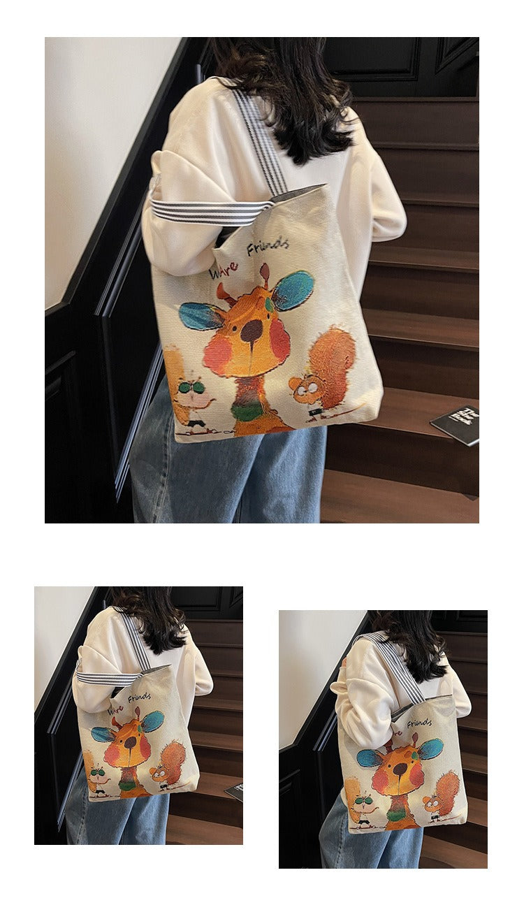 Korean Style Large-Capacity Embroidered Canvas Shoulder Bag for Women