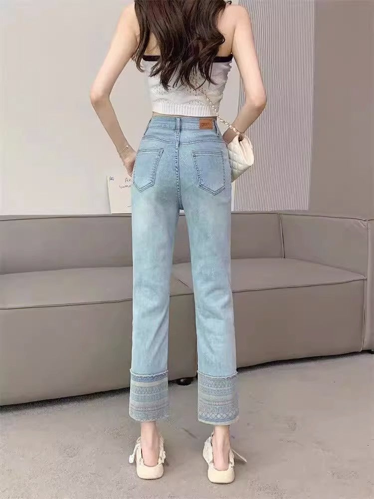 New niche retro ethnic style stitching jeans women's versatile casual slim slimming cropped straight pants