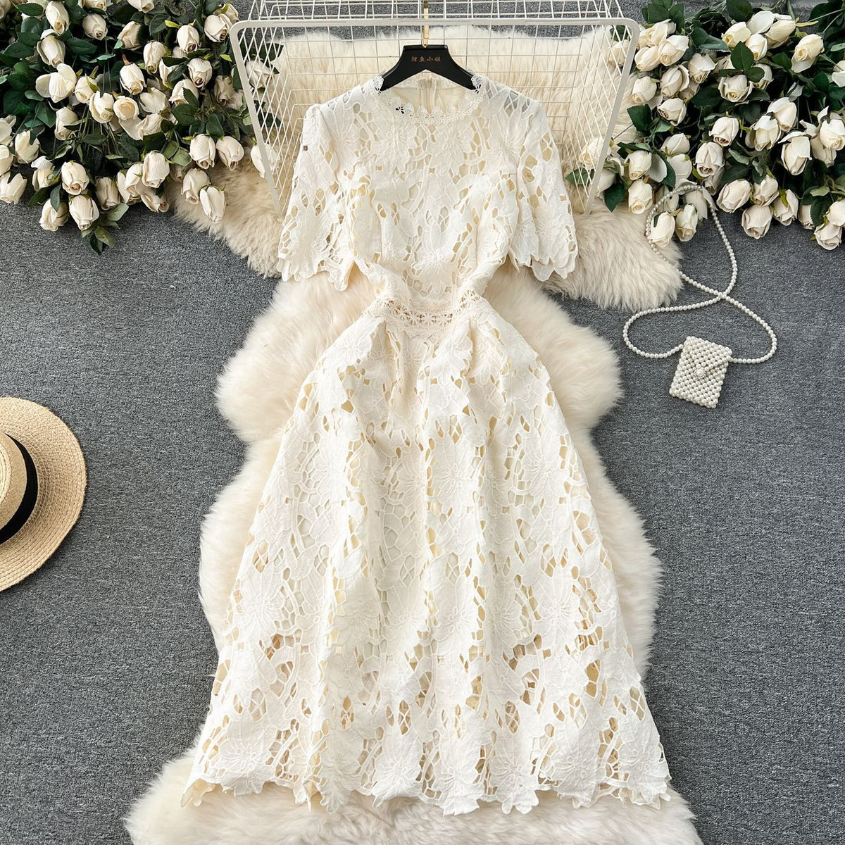 Cross-border dress, new style, women's spring and autumn heavy-duty water-soluble lace hollow texture mid-length dress/vacation dress