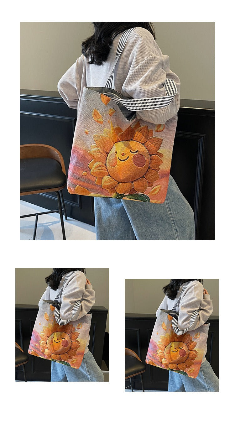 Korean Style Large-Capacity Embroidered Canvas Shoulder Bag for Women