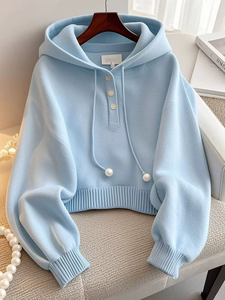 Unique and Chic Blue Hooded Drawstring Knit Sweatshirt, Autumn Korean Style, Lazy Fashion, Stylish and Comfortable Base Shirt