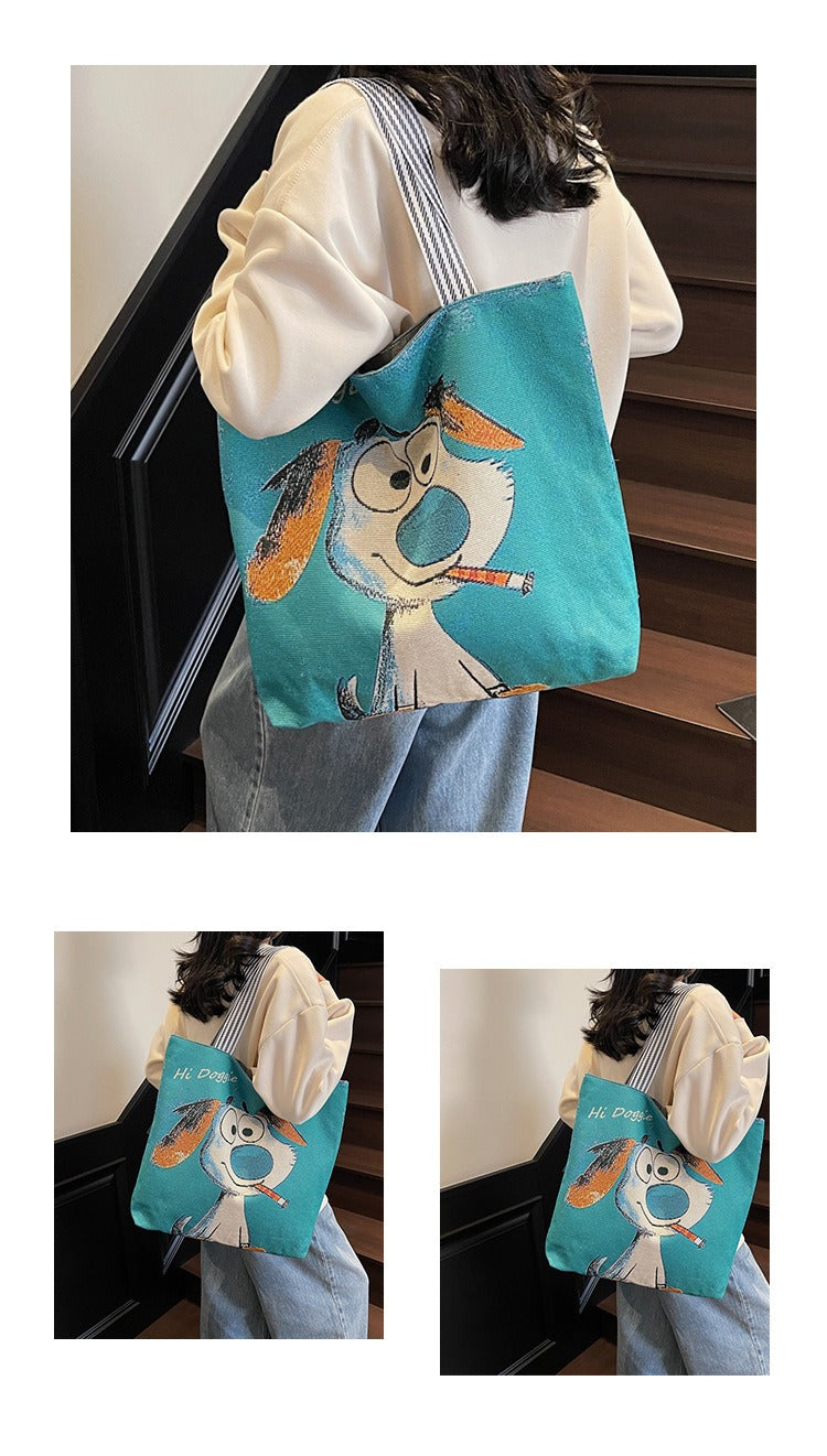 Korean Style Large-Capacity Embroidered Canvas Shoulder Bag for Women