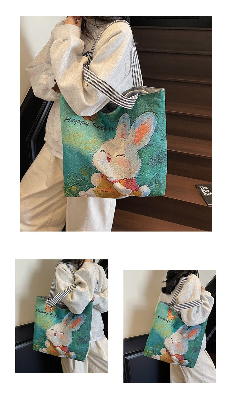 Korean Style Large-Capacity Embroidered Canvas Shoulder Bag for Women