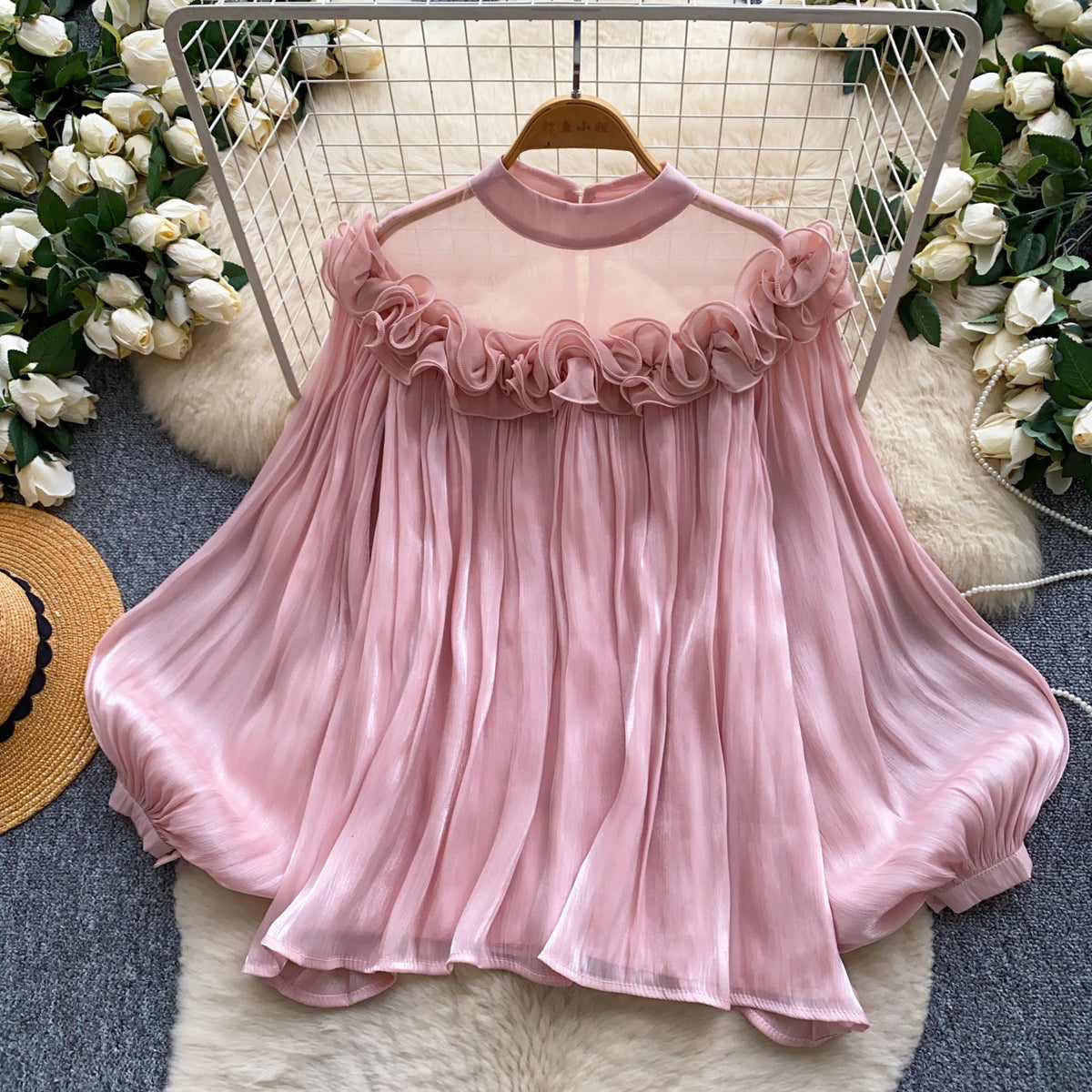 Korean style commuter-appropriate, skin-friendly, breathable ruffled blouse, women's summer long-sleeved mesh loose pink girly top