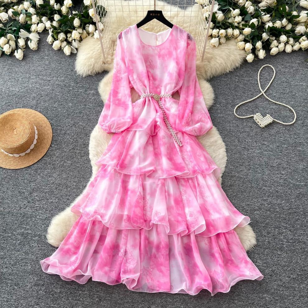 French romantic style purple floral spring print dress for women