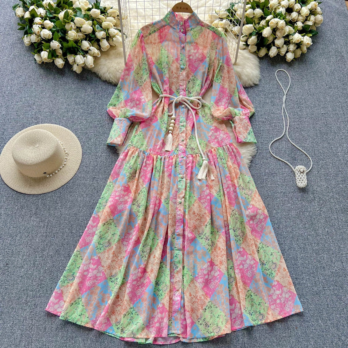 Spring/Autumn Thin Long-Sleeved Stand Collar High-End Printed Chiffon