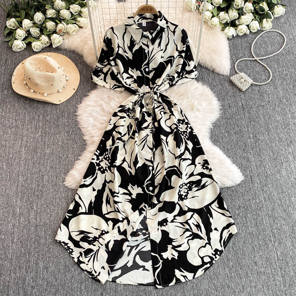 French-style printed collared shirt dress for women, summer vacation style