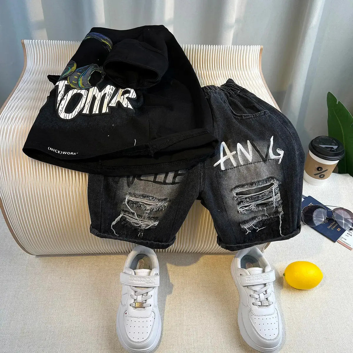 Korean Boys Summer Children's Top and Bottom 2PC Sets Short Sleeve T-Shirt & Denim Shorts Kids Clothes 1-7 Years Black Toddler