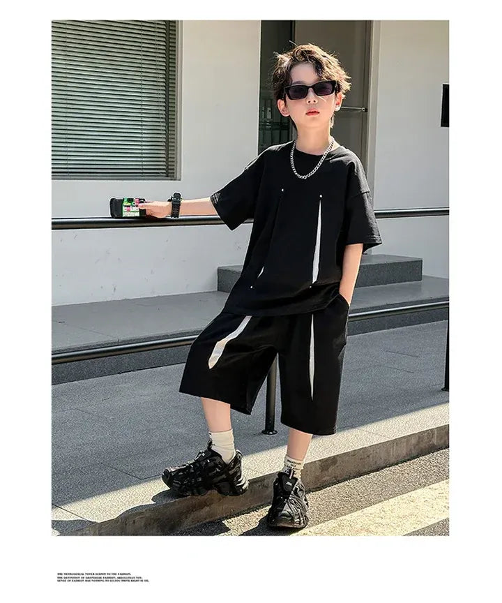 American Kids Design Double Cotton Gauze Clothing Set For Teenage Boy Casual Summer Top and Bottom Clothes Set Child Tracksuit