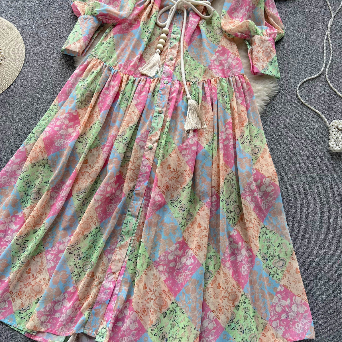 Spring/Autumn Thin Long-Sleeved Stand Collar High-End Printed Chiffon