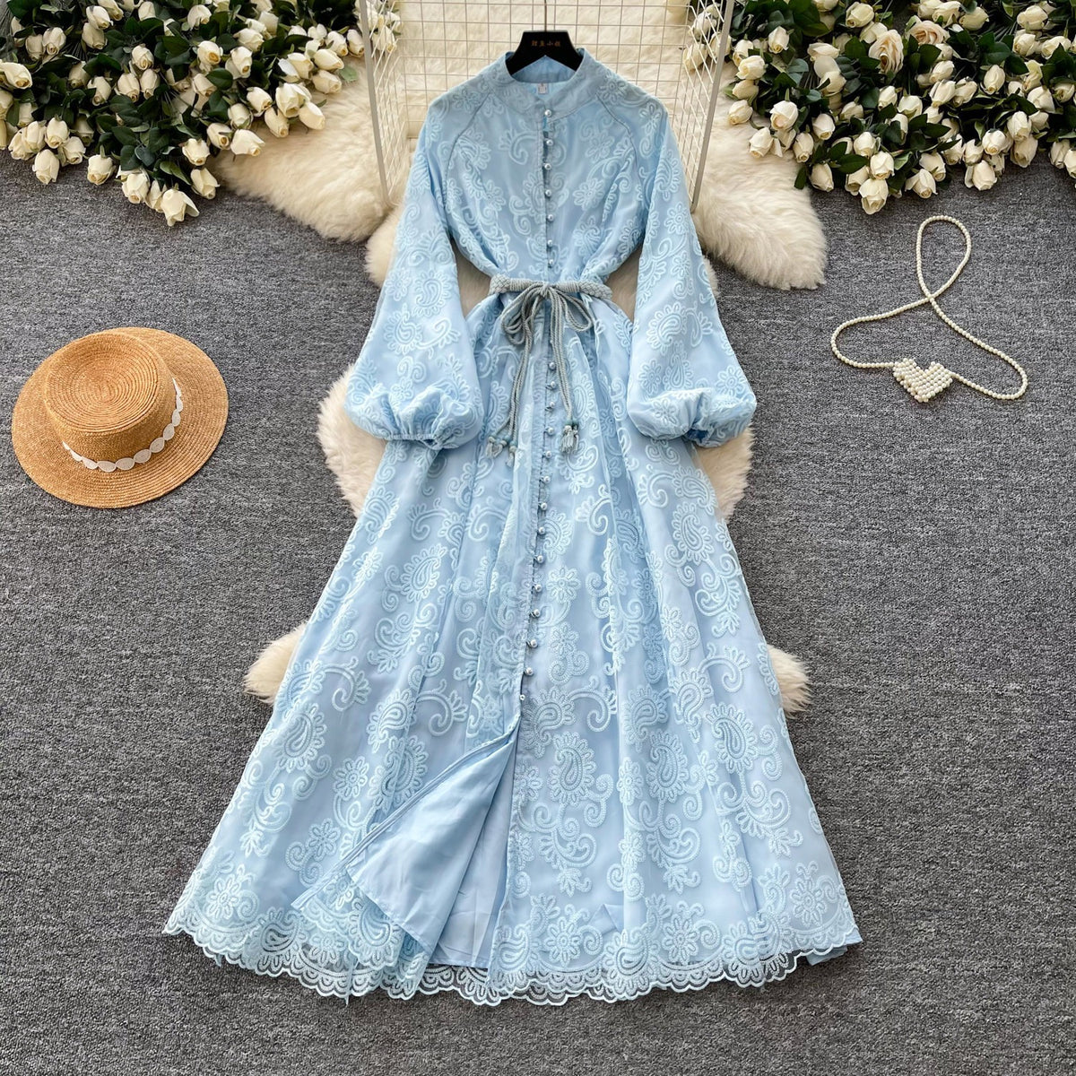 French romantic style stand-up collar lantern sleeve lace dress for women