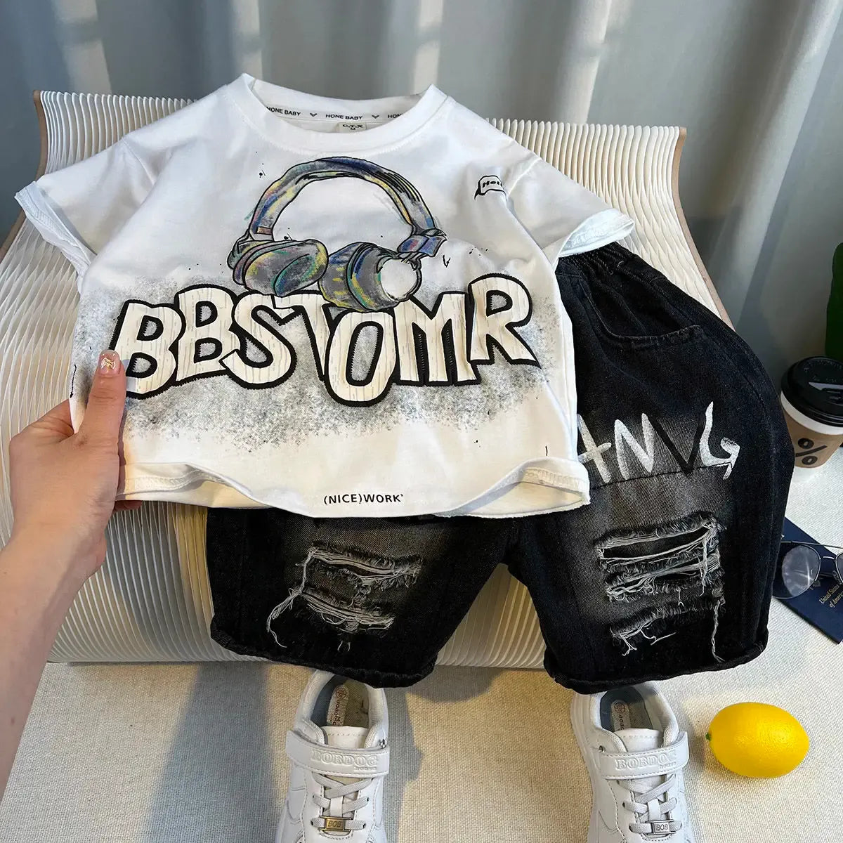 Korean Boys Summer Children's Top and Bottom 2PC Sets Short Sleeve T-Shirt & Denim Shorts Kids Clothes 1-7 Years Black Toddler
