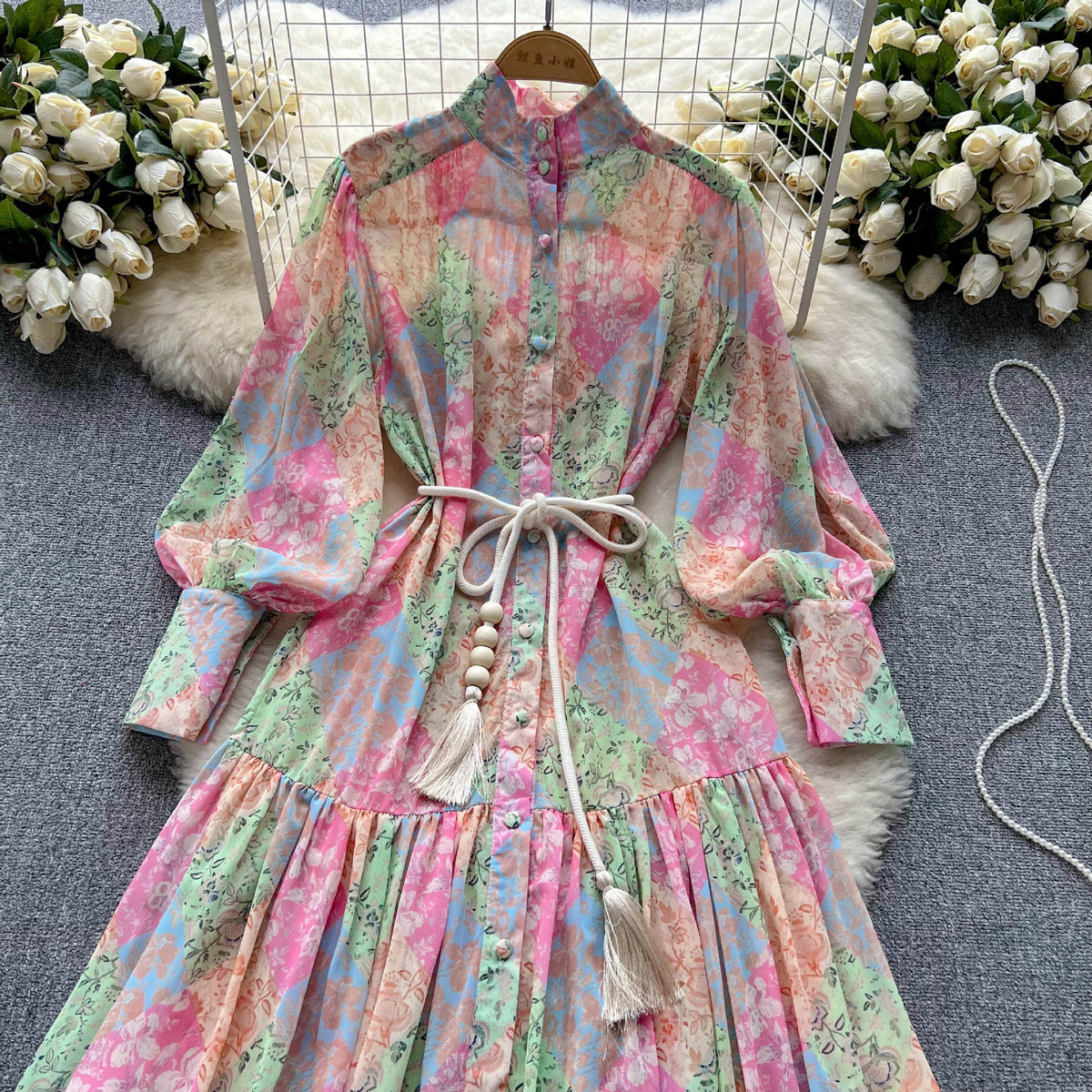 Spring/Autumn Thin Long-Sleeved Stand Collar High-End Printed Chiffon