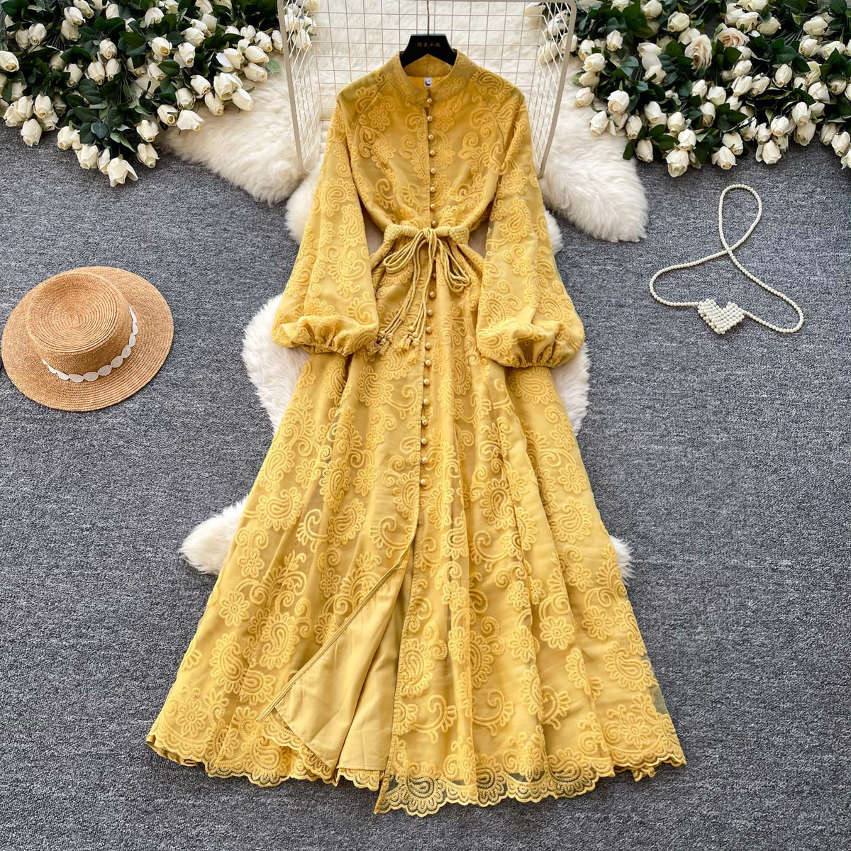 French romantic style stand-up collar lantern sleeve lace dress for women
