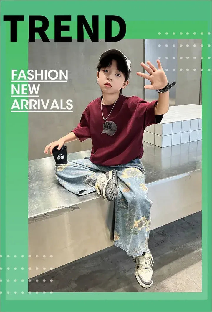Boys' Summer Outfit Sets New Style Children's Short Sleeved T-shirt Long Pants Two-piece Suits Big Children's Stylish Sets