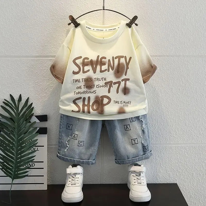 Korean Boys Summer Children's Top and Bottom 2PC Sets Short Sleeve T-Shirt & Denim Shorts Kids Clothes 1-7 Years Black Toddler