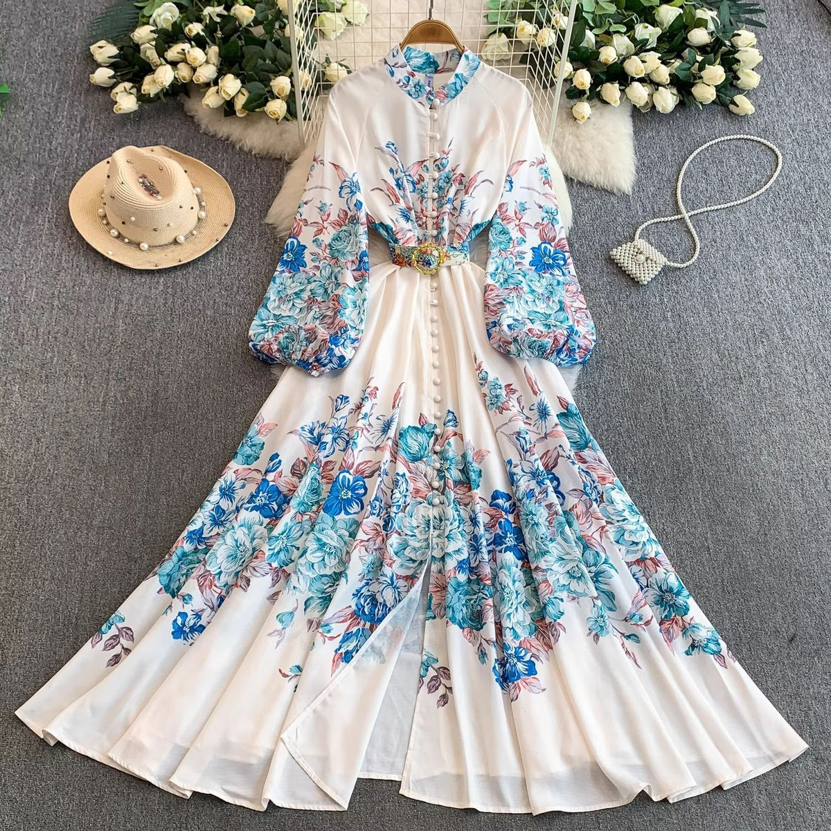 European and American court style retro print stand collar lantern sleeve dress women's spring and autumn button-down waist fitted long skirt elegant long dress