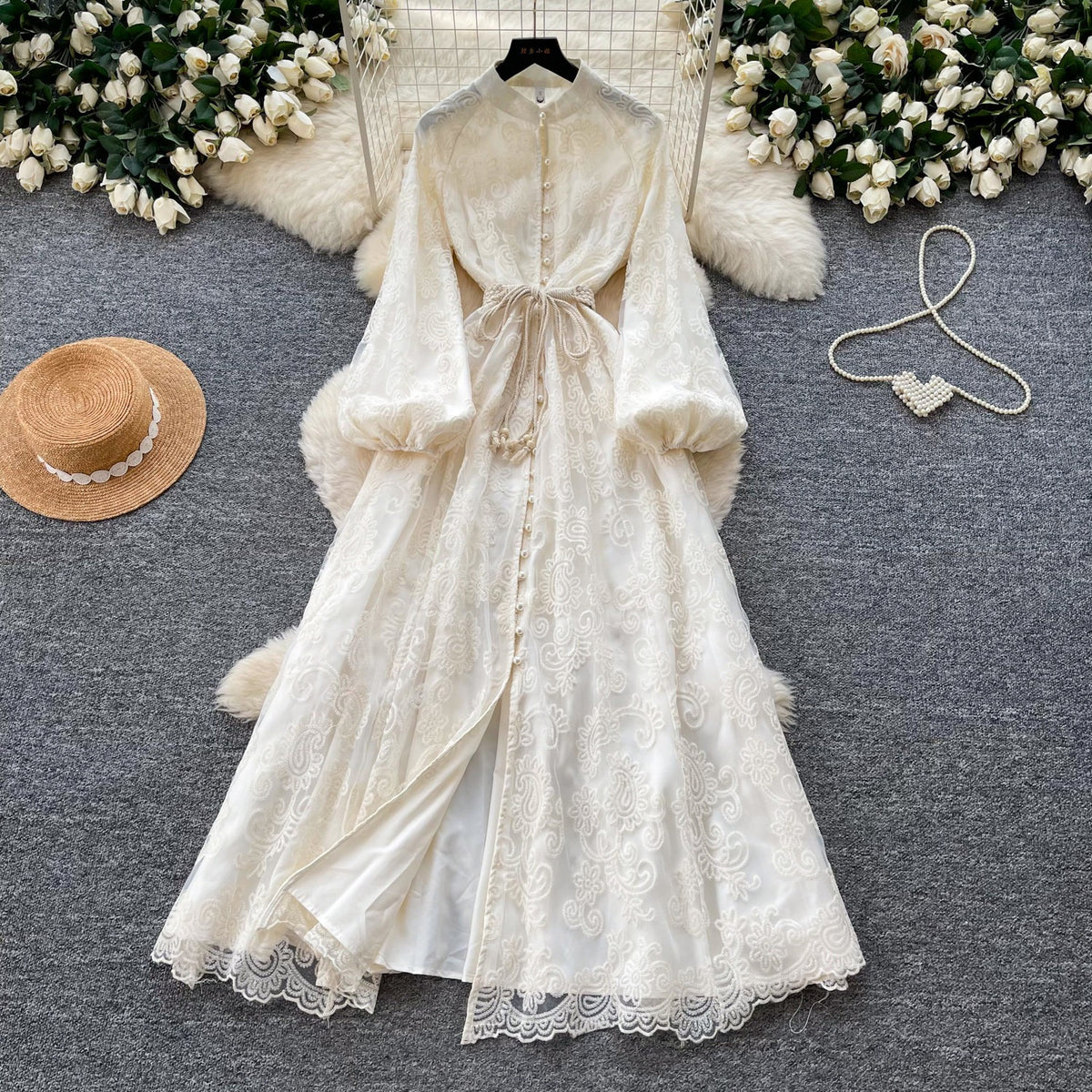 French romantic style stand-up collar lantern sleeve lace dress for women
