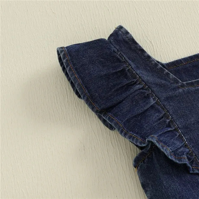Baby Girls Summer Outfits Fly Sleeves Denim Tank Tops and Elastic Denim Shorts with Belt Set Fashion Children Kids Clothes