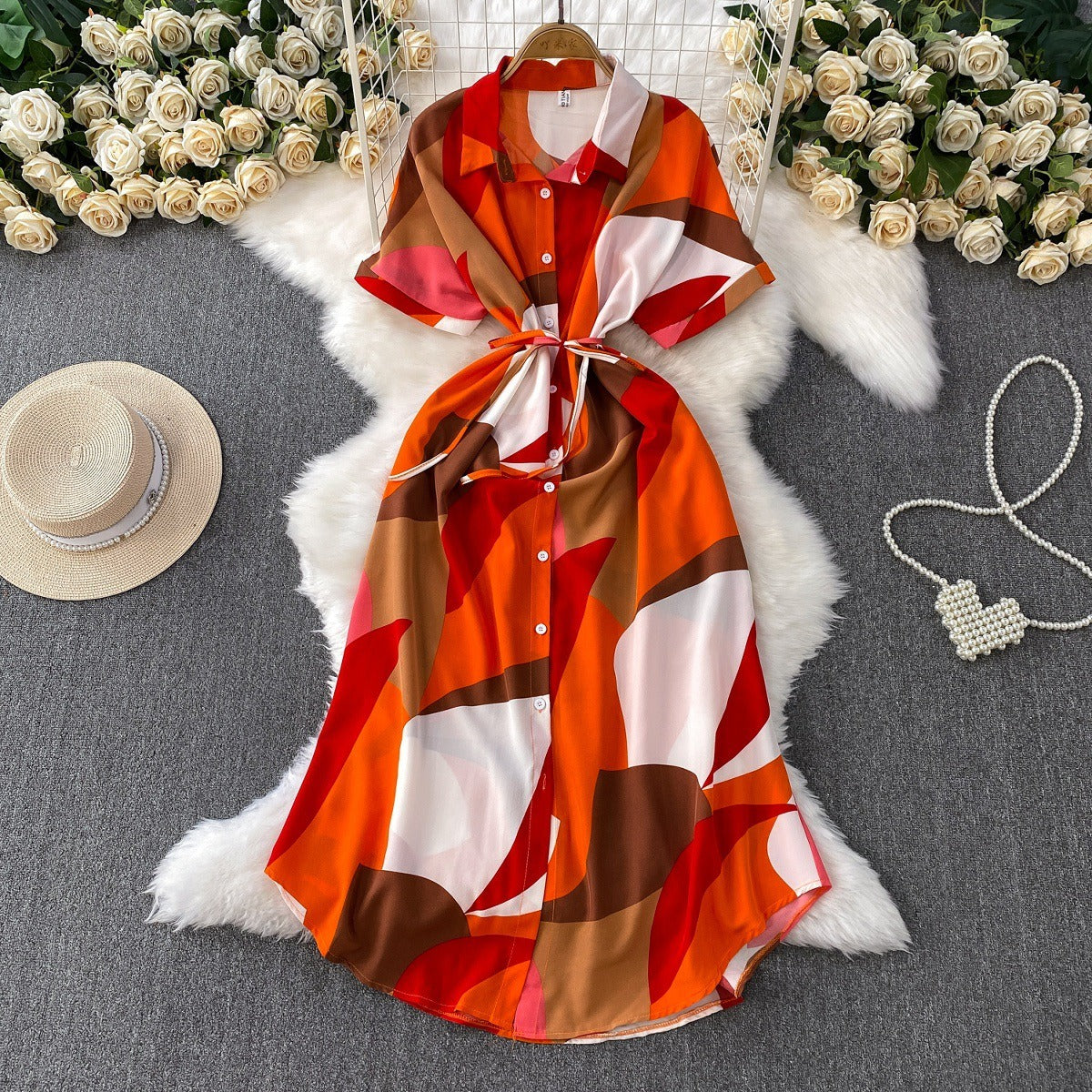 French-style printed collared shirt dress for women, summer vacation style