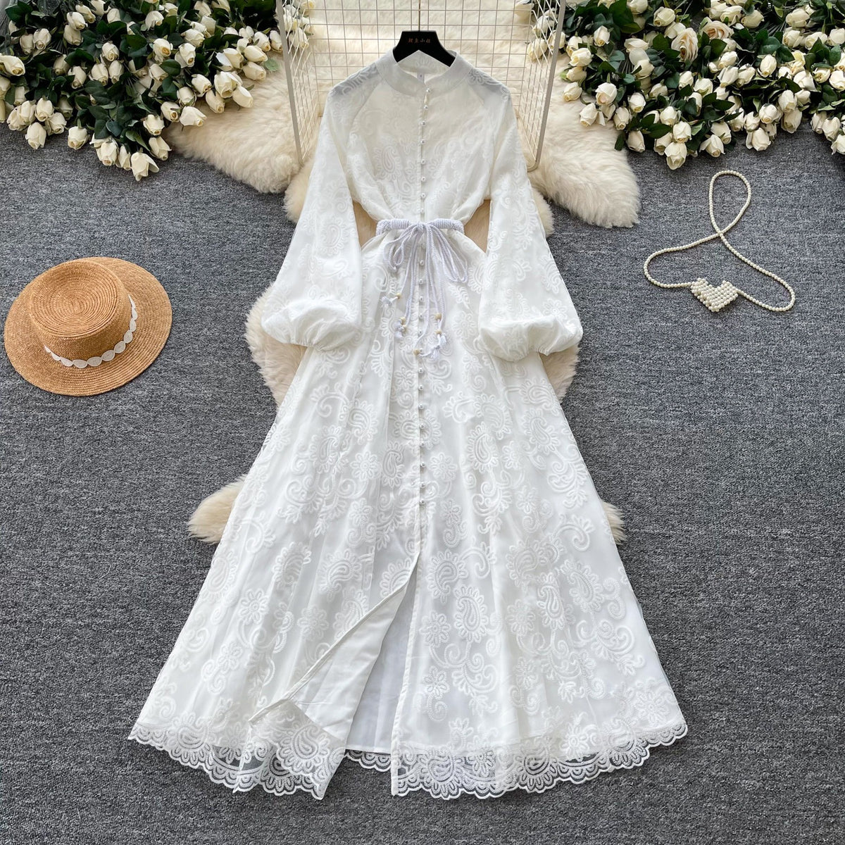 French romantic style stand-up collar lantern sleeve lace dress for women