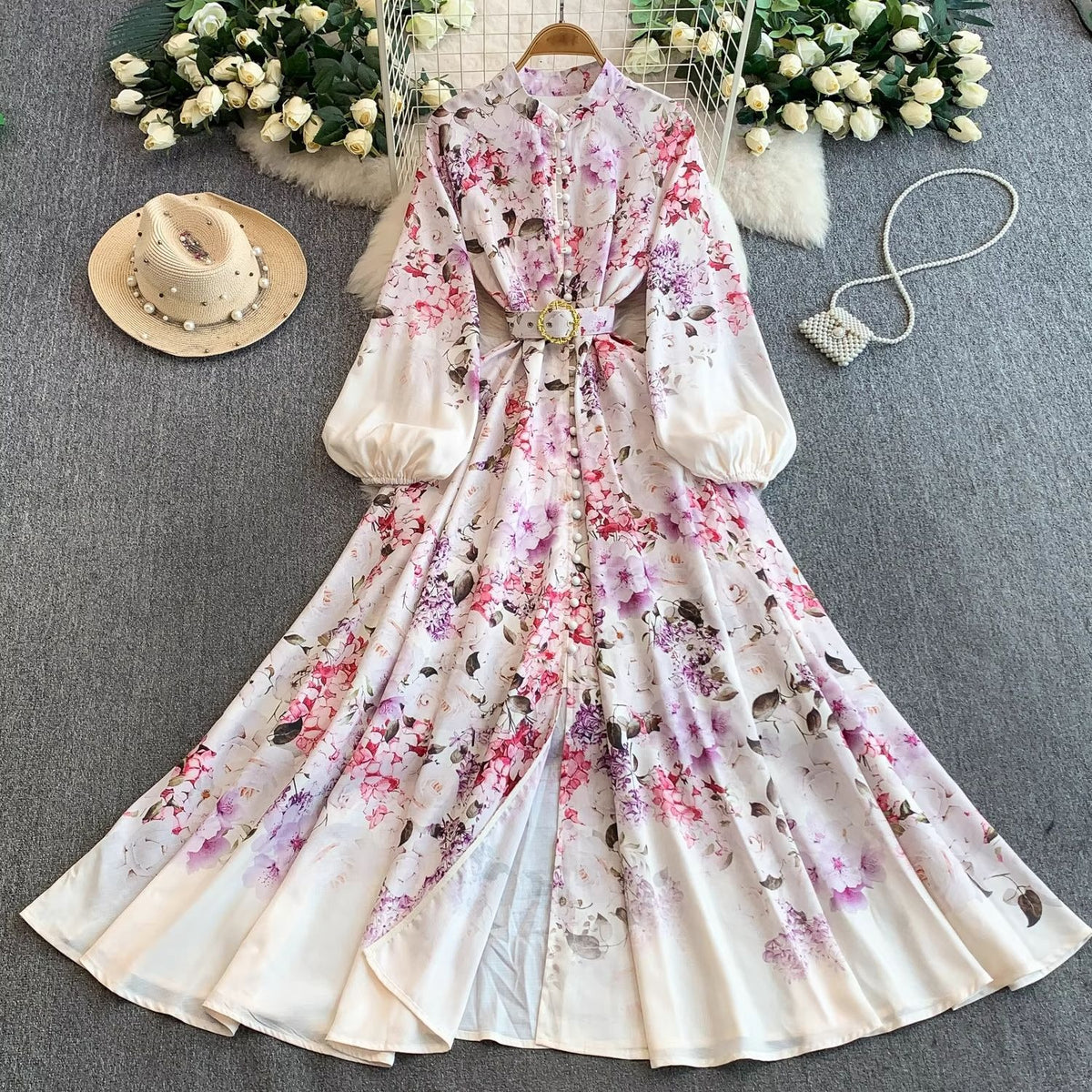 European and American court style retro print stand collar lantern sleeve dress women's spring and autumn button-down waist fitted long skirt elegant long dress
