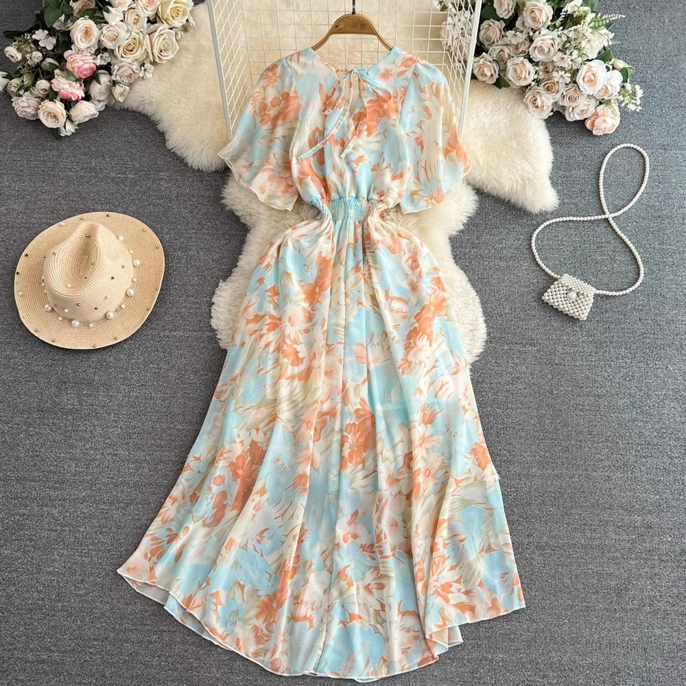 Cross-border summer gentle style short-sleeved V-neck waist-cinching A-line floral chiffon dress for beach vacation with a long skirt