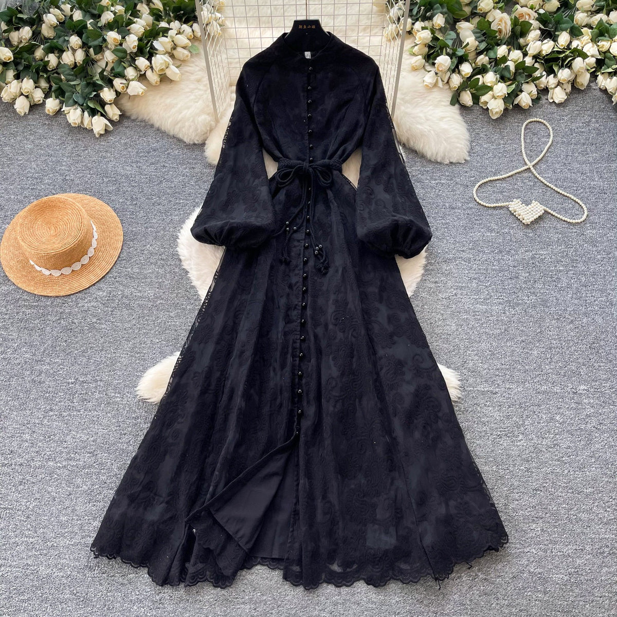French romantic style stand-up collar lantern sleeve lace dress for women
