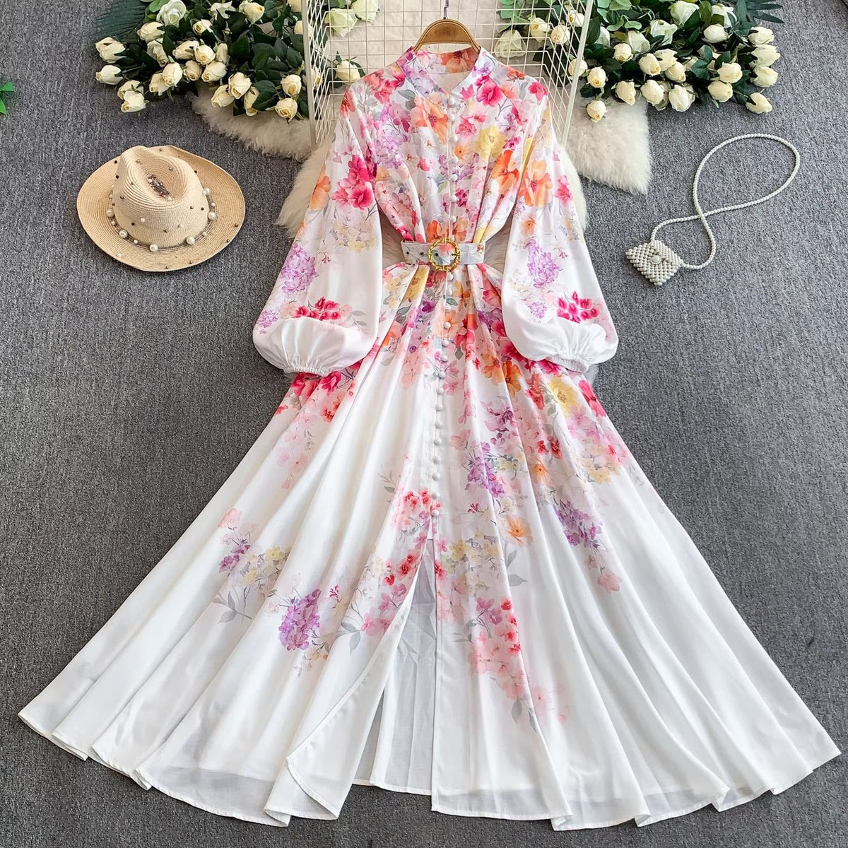 European and American court style retro print stand collar lantern sleeve dress women's spring and autumn button-down waist fitted long skirt elegant long dress