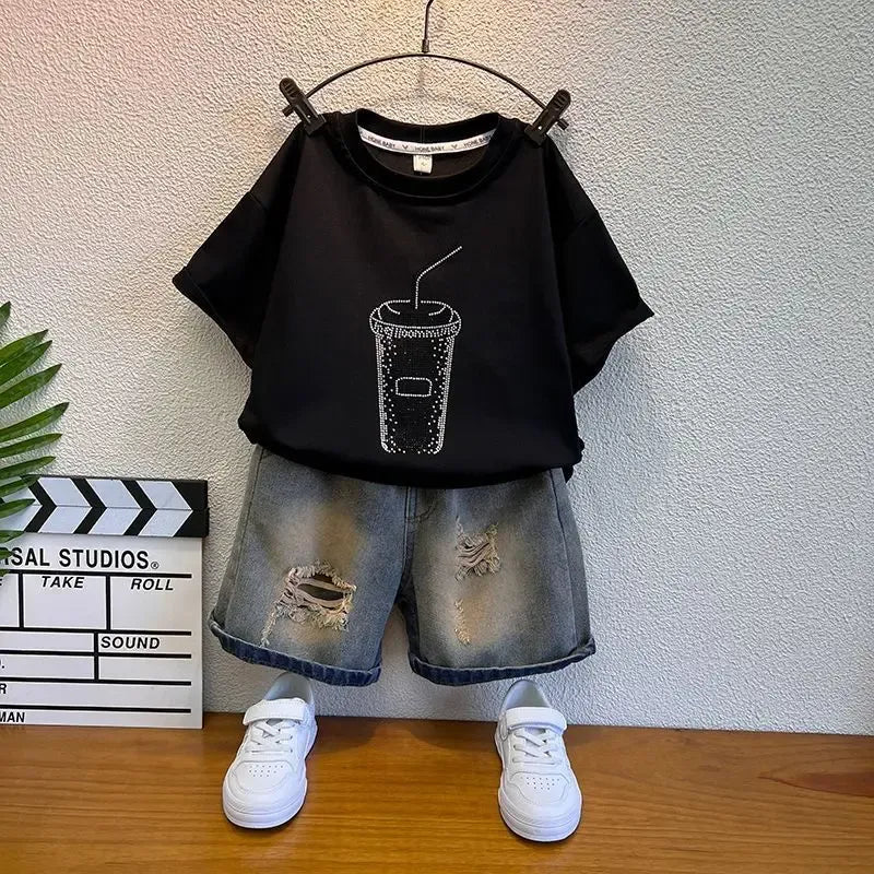 Korean Boys Summer Children's Top and Bottom 2PC Sets Short Sleeve T-Shirt & Denim Shorts Kids Clothes 1-7 Years Black Toddler