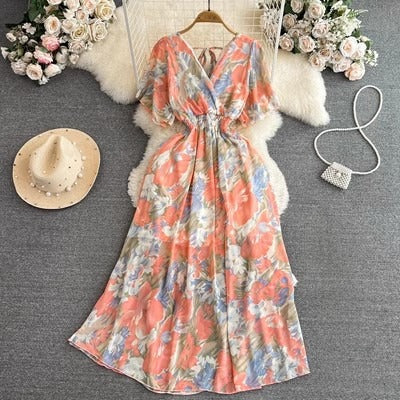 Cross-border summer gentle style short-sleeved V-neck waist-cinching A-line floral chiffon dress for beach vacation with a long skirt