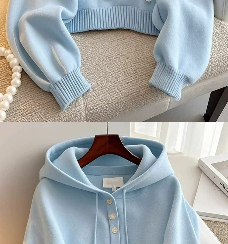 Unique and Chic Blue Hooded Drawstring Knit Sweatshirt, Autumn Korean Style, Lazy Fashion, Stylish and Comfortable Base Shirt