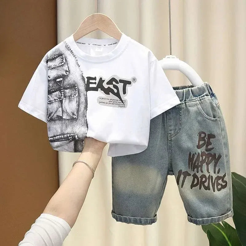 Boys Summer Clothing Set Letter Print Short Sleeved T-shirt+Denim Shorts 2Pcs Suit For Kids Handsome Casual Outfit