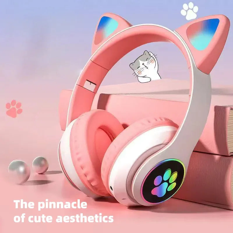 Wireless Headphone Flash Light Cute Cat Bluetooth with Mic Control LED Stereo Music Helmet Phone Bluetooth Headset Gift