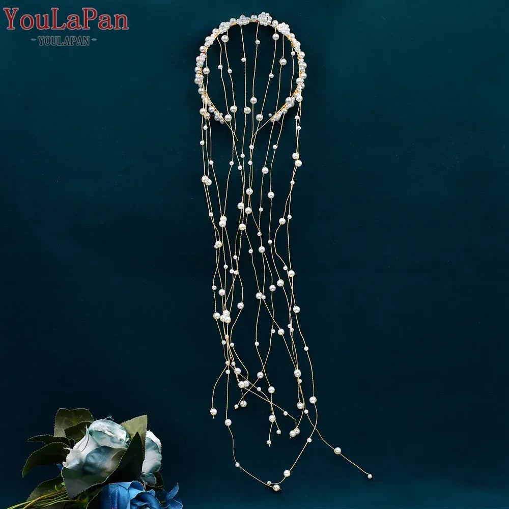 YouLaPan Pearls Tiara Wedding Headwear Handmade Beaded Tassels Headband for Bridal Woman Dress Jewelry Accessories HP610