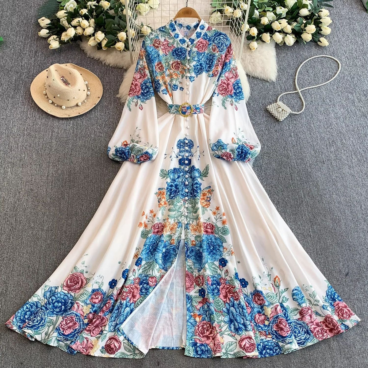 European and American court style retro print stand collar lantern sleeve dress women's spring and autumn button-down waist fitted long skirt elegant long dress