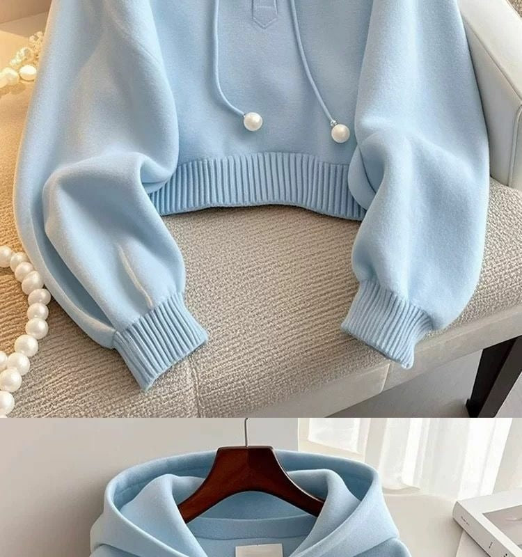 Unique and Chic Blue Hooded Drawstring Knit Sweatshirt, Autumn Korean Style, Lazy Fashion, Stylish and Comfortable Base Shirt