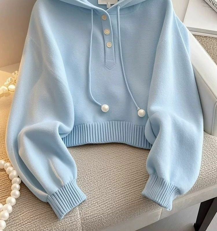 Unique and Chic Blue Hooded Drawstring Knit Sweatshirt, Autumn Korean Style, Lazy Fashion, Stylish and Comfortable Base Shirt