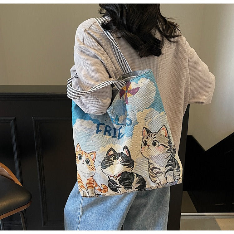 Korean Style Large-Capacity Embroidered Canvas Shoulder Bag for Women