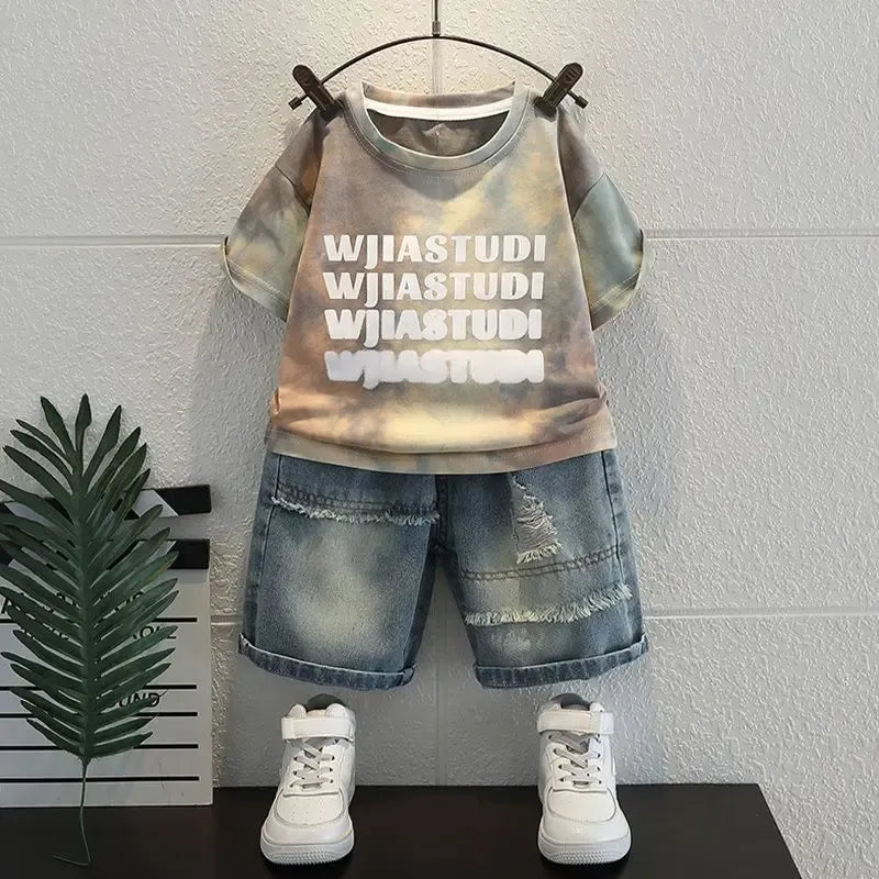 Korean Boys Summer Children's Top and Bottom 2PC Sets Short Sleeve T-Shirt & Denim Shorts Kids Clothes 1-7 Years Black Toddler