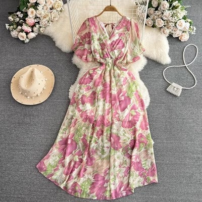 Cross-border summer gentle style short-sleeved V-neck waist-cinching A-line floral chiffon dress for beach vacation with a long skirt