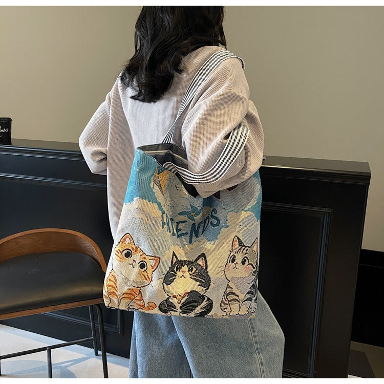Korean Style Large-Capacity Embroidered Canvas Shoulder Bag for Women