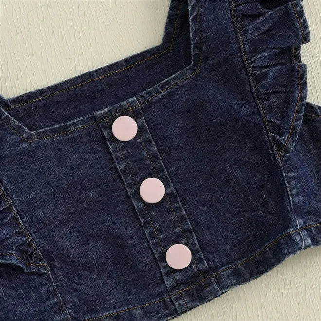 Baby Girls Summer Outfits Fly Sleeves Denim Tank Tops and Elastic Denim Shorts with Belt Set Fashion Children Kids Clothes