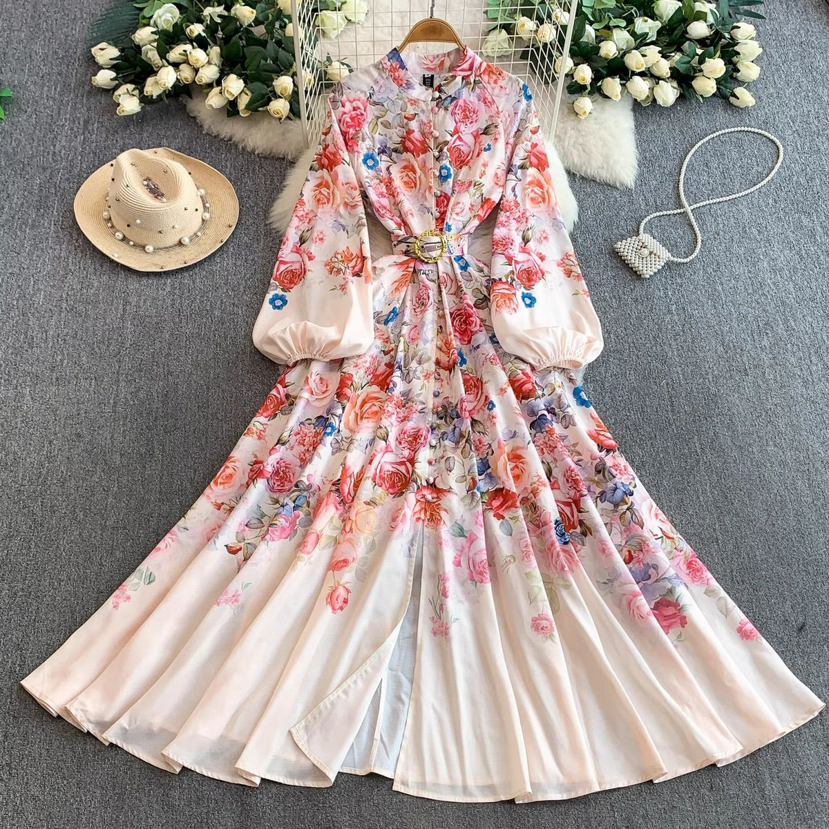 European and American court style retro print stand collar lantern sleeve dress women's spring and autumn button-down waist fitted long skirt elegant long dress