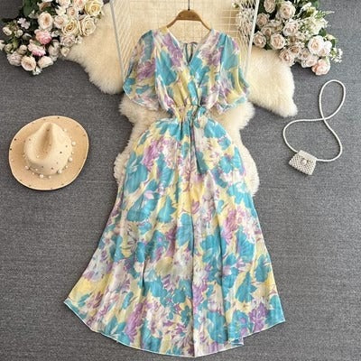 Cross-border summer gentle style short-sleeved V-neck waist-cinching A-line floral chiffon dress for beach vacation with a long skirt
