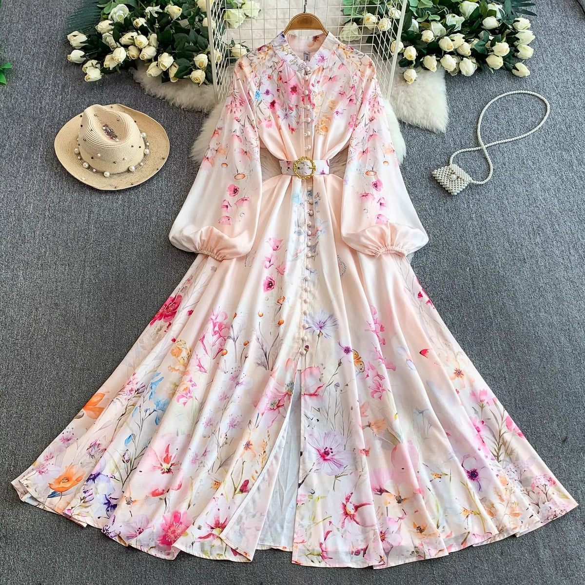 European and American court style retro print stand collar lantern sleeve dress women's spring and autumn button-down waist fitted long skirt elegant long dress