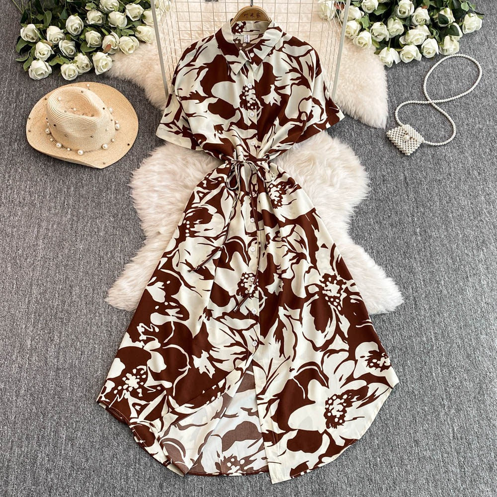 French-style printed collared shirt dress for women, summer vacation style
