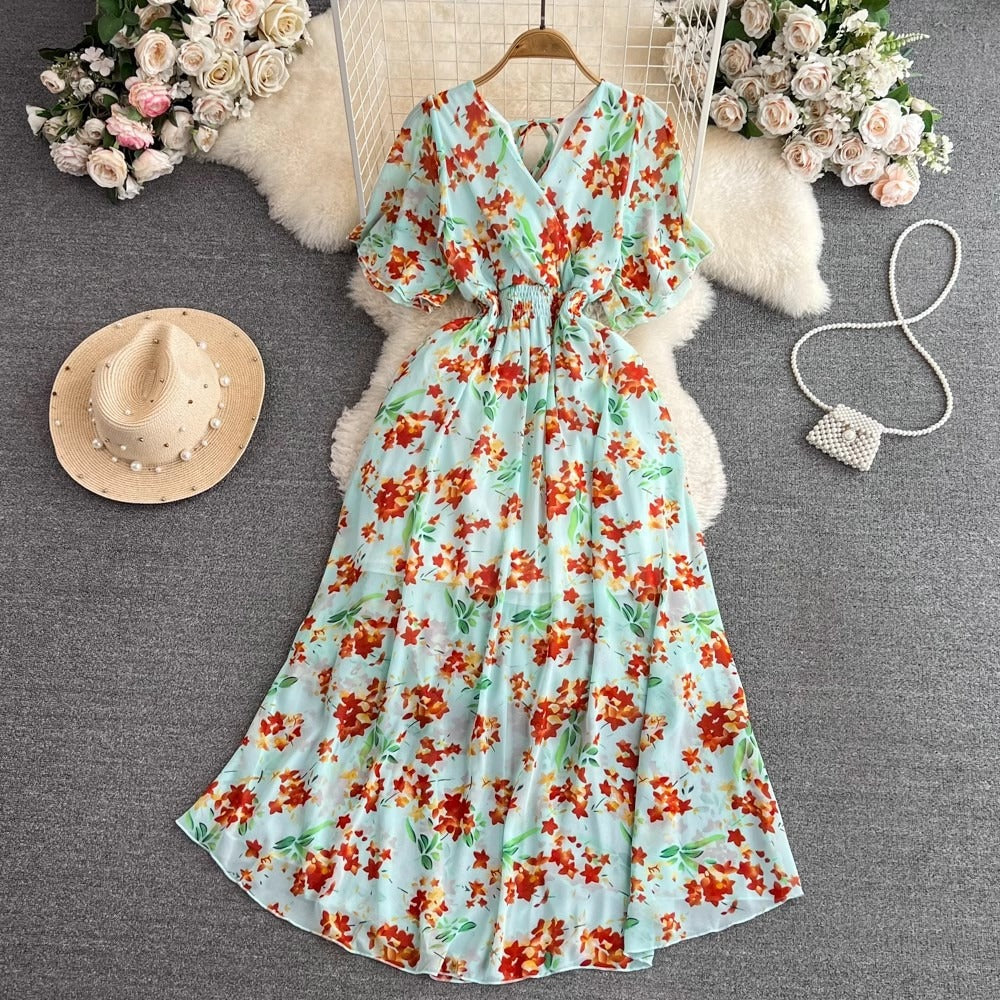 Cross-border summer gentle style short-sleeved V-neck waist-cinching A-line floral chiffon dress for beach vacation with a long skirt
