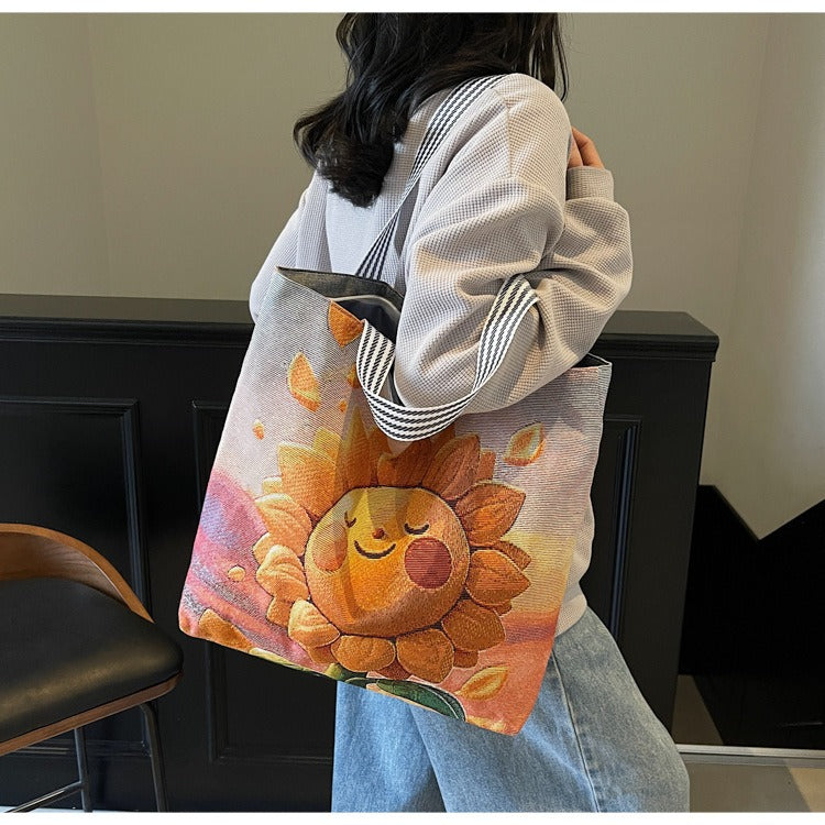 Korean Style Large-Capacity Embroidered Canvas Shoulder Bag for Women