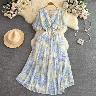 Cross-border summer gentle style short-sleeved V-neck waist-cinching A-line floral chiffon dress for beach vacation with a long skirt